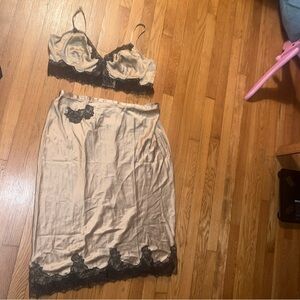Victoria's Secret XXL Beige and Black Lace Satin Chemise Set